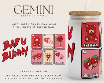 Bad Bunny Valentines 16oz Libbey Can Wrap PNG, Valentines Day Glass Can Wrap, Benito Valentines Day, Cute Bad Bunny, Raggaeton Glass Can