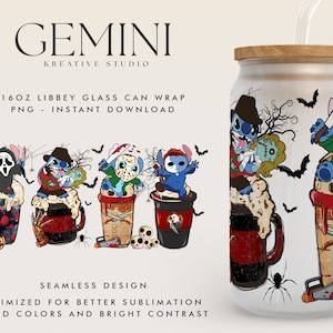 Halloween Stitch Costume Coffee Glass Wrap PNG, 16oz Libbey Glass Can Wrap, Trick Or Treat, Spooky Vibes, Stitch Horror Costume Tumbler Wrap