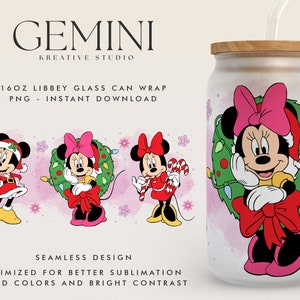 Christmas 16oz Libbey Can Wrap Cartoon PNG, Libbey Glass Can Wrap, Cute Mouse Friends Christmas, Christmas Mouse Ears Glass Wrap, Merry Xmas