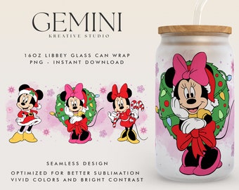 May include: A 16 ounce glass can wrap featuring a Christmas-themed Minnie Mouse design. Minnie Mouse is wearing a red dress, a Santa hat, and a green wreath with lights. The background is pink with white snowflakes.