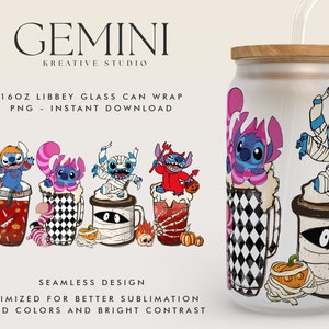 Halloween Stitch Costume Coffee Glass Wrap PNG, 16oz Libbey Glass Can Wrap, Trick Or Treat, Spooky Vibes, Stitch Horror Costume Tumbler Wrap