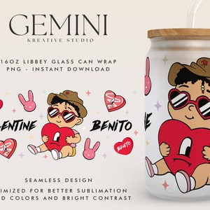 Bad Bunny Valentines 16oz Libbey puede envolver PNG, vidrio del día de San Valentín puede envolver, día de San Valentín Benito, lindo conejito malo, lata de vidrio Raggaeton