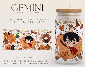 Wizard School Potterhead Fall Coffee Glass Wrap PNG, 16oz Libbey Glass Can Wrap, Trick Or Treat, Spooky Vibes, Halloween Autumn Coffee Wrap