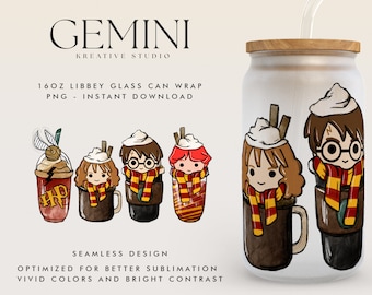 Wizard School Potter Cups Coffee Glass Wrap PNG, 16oz Libbey Glass Can Wrap, Trick Or Treat, Spooky Vibes, Halloween Fall Autumn Coffee Wrap