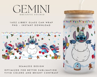 Film Christmas Stitch 16oz Szklana puszka do pakowania, Boże Narodzenie Niebieski Alien Szklana puszka Sublimacja PNG, Libbey Szklana puszka do pakowania, Libbey Szklana puszka z kreskówek