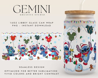 Film Christmas Stitch 16oz Szklana puszka do pakowania, Boże Narodzenie Niebieski Alien Szklana puszka Sublimacja PNG, Libbey Szklana puszka do pakowania, Libbey Szklana puszka z kreskówek