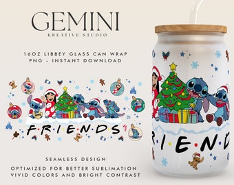 Film Christmas Stitch 16oz Szklana puszka do pakowania, Boże Narodzenie Niebieski Alien Szklana puszka Sublimacja PNG, Libbey Szklana puszka do pakowania, Libbey Szklana puszka z kreskówek
