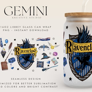May include: A white 16oz glass can wrap featuring the Ravenclaw house crest from the Harry Potter series. The crest is a blue and gold shield with a black raven and the words "Ravenclaw" in gold lettering. The wrap is designed for sublimation and features a seamless design.