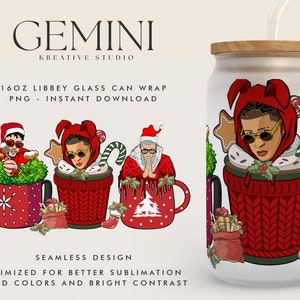 Bad Bunny Christmas 16oz Libbey Can Wrap Cartoon PNG, Libbey Glass Can Wrap, Bad Bunny Christmas, Christmas Glass Wrap, Bad Bunny Coffee Cup