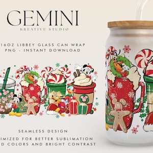 Christmas 16oz Libbey Can Wrap Cartoon PNG, Libbey Glass Can Wrap, Cute Mouse Friends Christmas, Christmas Mouse Ears Coffee Cups Glass Wrap