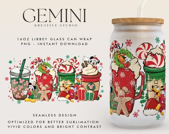May include: A white 16oz Libbey glass can wrap with a Christmas theme featuring Mickey Mouse and friends. The design includes red, green, and white colors with snowflakes and candy canes. The text "GEMINI KREATIVE STUDIO" and "16OZ LIBBEY GLASS CAN WRAP PNG - INSTANT DOWNLOAD" is printed on the image.