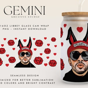 Bad Bunny Valentines 16oz Libbey puede envolver PNG, vidrio del día de San Valentín puede envolver, día de San Valentín Benito, lindo conejito malo, lata de vidrio Raggaeton