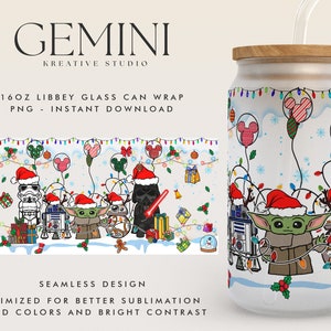 Christmas Space 16oz Libbey Can Wrap Cartoon PNG, Libbey Glass Can Wrap, Christmas Yoda Png, Christmas Can Wrap, Space Wars Christmas Glass