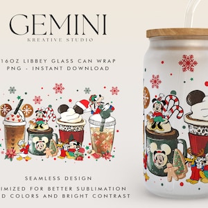 Christmas 16oz Libbey Can Wrap Cartoon PNG, Libbey Glass Can Wrap, Cute Mouse Friends Christmas, Christmas Mouse Ears Coffee Cups Glass Wrap
