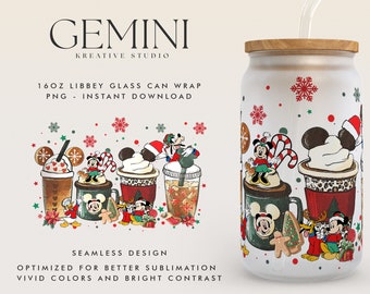 May include: A white 16 ounce glass can wrap with a Christmas theme. The design features Mickey Mouse and other Disney characters, candy canes, snowflakes, and a festive red and green color scheme. The text "GEMINI KREATIVE STUDIO" is at the top of the design.