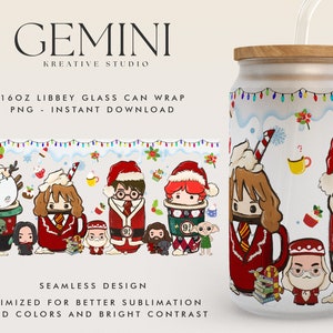 May include: A 16oz Libbey glass can wrap featuring a winter holiday theme with Harry Potter characters. The design includes a snowy background with Christmas lights, candy canes, and a mug with a festive design. The characters are dressed in winter attire and are holding mugs with their names on them. The text "GEMINI KREATIVE STUDIO" and "SEAMLESS DESIGN" are also included in the design.