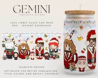 Wizard School Potter Cups Coffee Glass Wrap PNG, 16oz Libbey Glass Can Wrap, Wizard Christmas, Spooky Vibes, Winter Fall Autumn Coffee Wrap