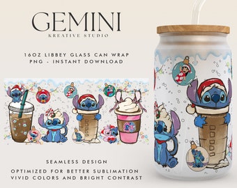 Film Christmas Stitch 16oz Szklana puszka do pakowania, Boże Narodzenie Niebieski Alien Szklana puszka Sublimacja PNG, Libbey Szklana puszka do pakowania, Libbey Szklana puszka z kreskówek
