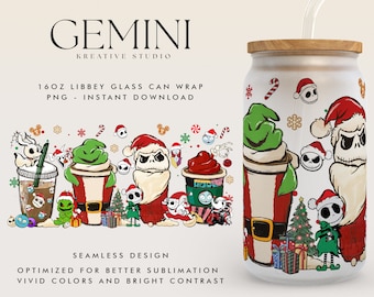 Christmas Jack Movie 16oz Glass Can Wrap, Horror Jack Christmas Glass Can Sublimation PNG, Libbey Glass Can Wrap, Cartoon Libbey Glass Can
