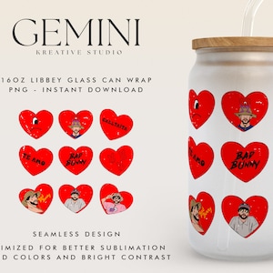 Bad Bunny Valentines 16oz Libbey puede envolver PNG, vidrio del día de San Valentín puede envolver, día de San Valentín Benito, lindo conejito malo, lata de vidrio Raggaeton