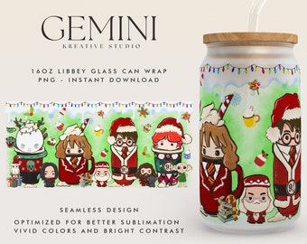 Wizard School Potter Cups Coffee Glass Wrap PNG, 16oz Libbey Glass Can Wrap, Wizard Christmas, Spooky Vibes, Winter Fall Autumn Coffee Wrap