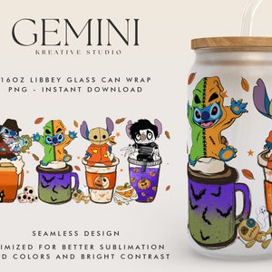 Halloween Stitch Costume Coffee Glass Wrap PNG, 16oz Libbey Glass Can Wrap, Trick Or Treat, Spooky Vibes, Stitch Horror Costume Tumbler Wrap
