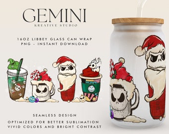 Christmas Jack Movie 16oz Glass Can Wrap, Horror Jack Christmas Glass Can Sublimation PNG, Libbey Glass Can Wrap, Cartoon Libbey Glass Can