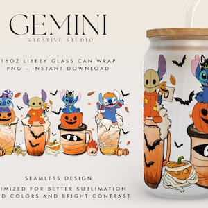 Halloween Stitch Costume Coffee Glass Wrap PNG, 16oz Libbey Glass Can Wrap, Trick Or Treat, Spooky Vibes, Stitch Horror Costume Tumbler Wrap