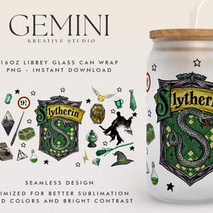 May include: A white 16 ounce glass can wrap with a green and silver Slytherin house crest from the Harry Potter series. The wrap features a snake, stars, and the text "Slytherin".