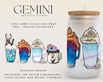 Film di Natale 16 once Libbey Can Wrap Cartoon PNG, Libbey Glass Can Wrap, Snowman Princess Christmas Glass Can, Tazze di caffè del film di Natale
