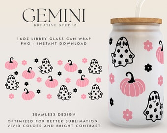 Cute Ghost Pumpkin Glass Wrap, 16oz Libbey Glass Can Wrap, Sublimation Ghost & Flowers Retro Wrap, Spooky Ghost Funny Scary Horror PNG