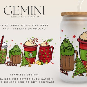 Christmas Green Monster 16oz Libbey Can Wrap Cartoon PNG, Libbey Glass Can Wrap, Cute Green Monster Christmas, Christmas Movie Coffee Cups