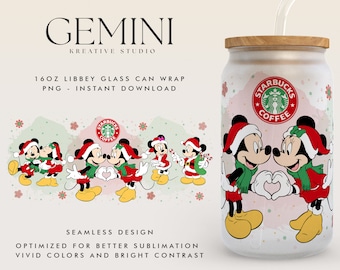 May include: A 16oz glass can wrap featuring a Christmas-themed design with Mickey and Minnie Mouse in red and green outfits. The design includes a Starbucks logo with the text "Starbucks Coffee".