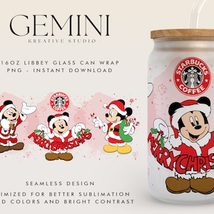 Christmas 16oz Libbey Can Wrap Cartoon PNG, Libbey Glass Can Wrap, Cute Mouse Friends Christmas, Christmas Mouse Ears Glass Wrap, Merry Xmas