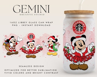 May include: A 16-ounce glass can wrap featuring a Christmas-themed design with Mickey Mouse wearing a Santa hat and holding a candy cane. The design includes the text "Merry Christmas" and a Starbucks coffee logo.