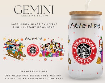 May include: A white 16oz glass can wrap with a seamless design featuring a red Starbucks logo and a red "FRIENDS" logo. The design also includes a cartoon image of Mickey Mouse and friends riding in a sleigh.