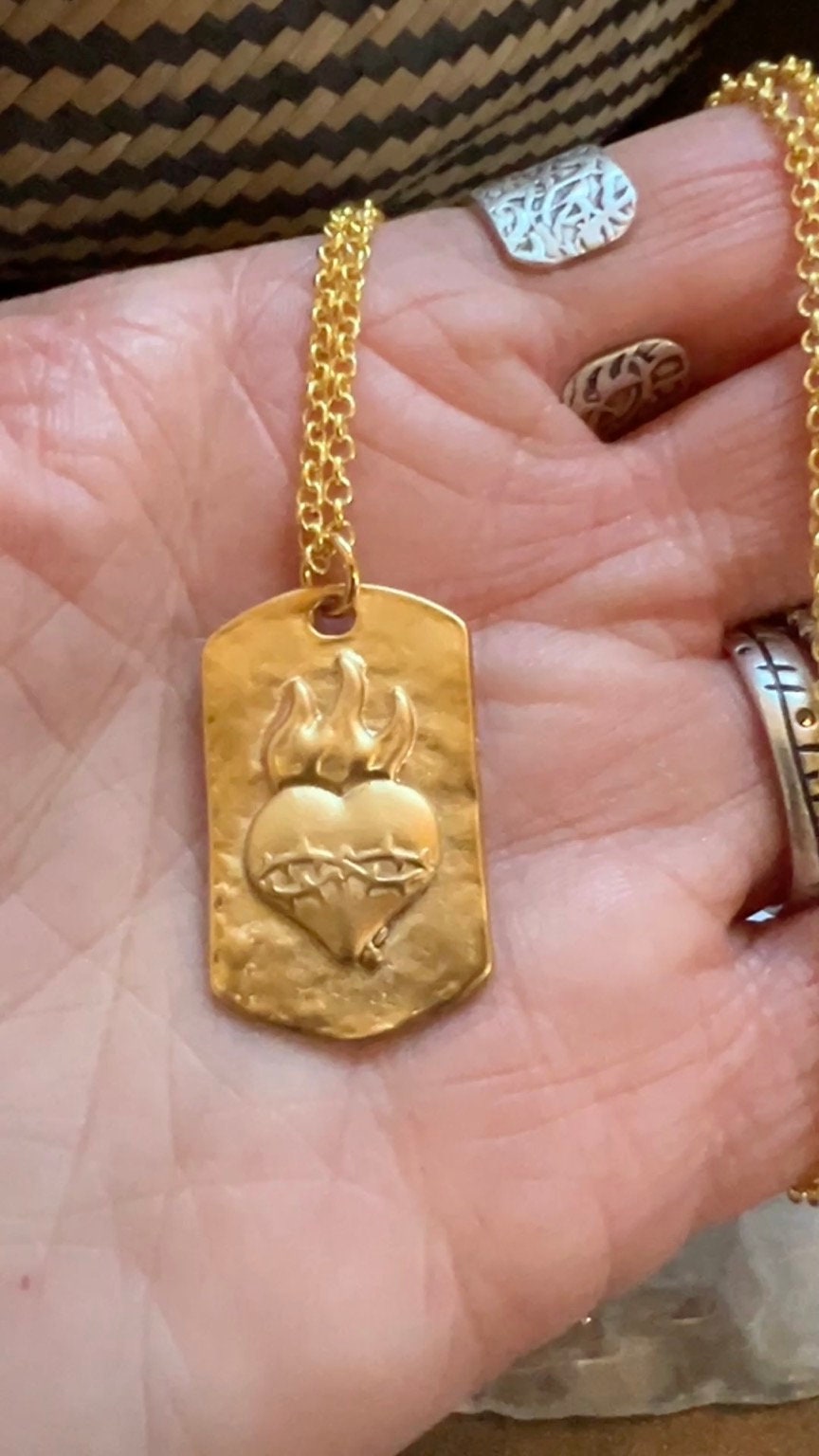 Mens Gold Flaming Heart Dog Tag Necklace Unisex Necklace Etsy