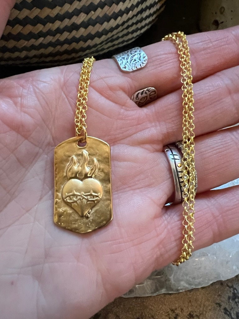 Mens Gold Flaming Heart Dog Tag Necklace Unisex Necklace Etsy