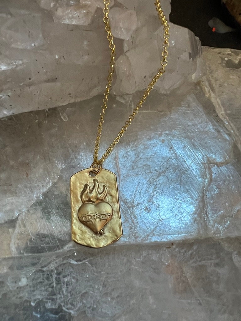 Mens Gold Flaming Heart Dog Tag Necklace Unisex Necklace Etsy