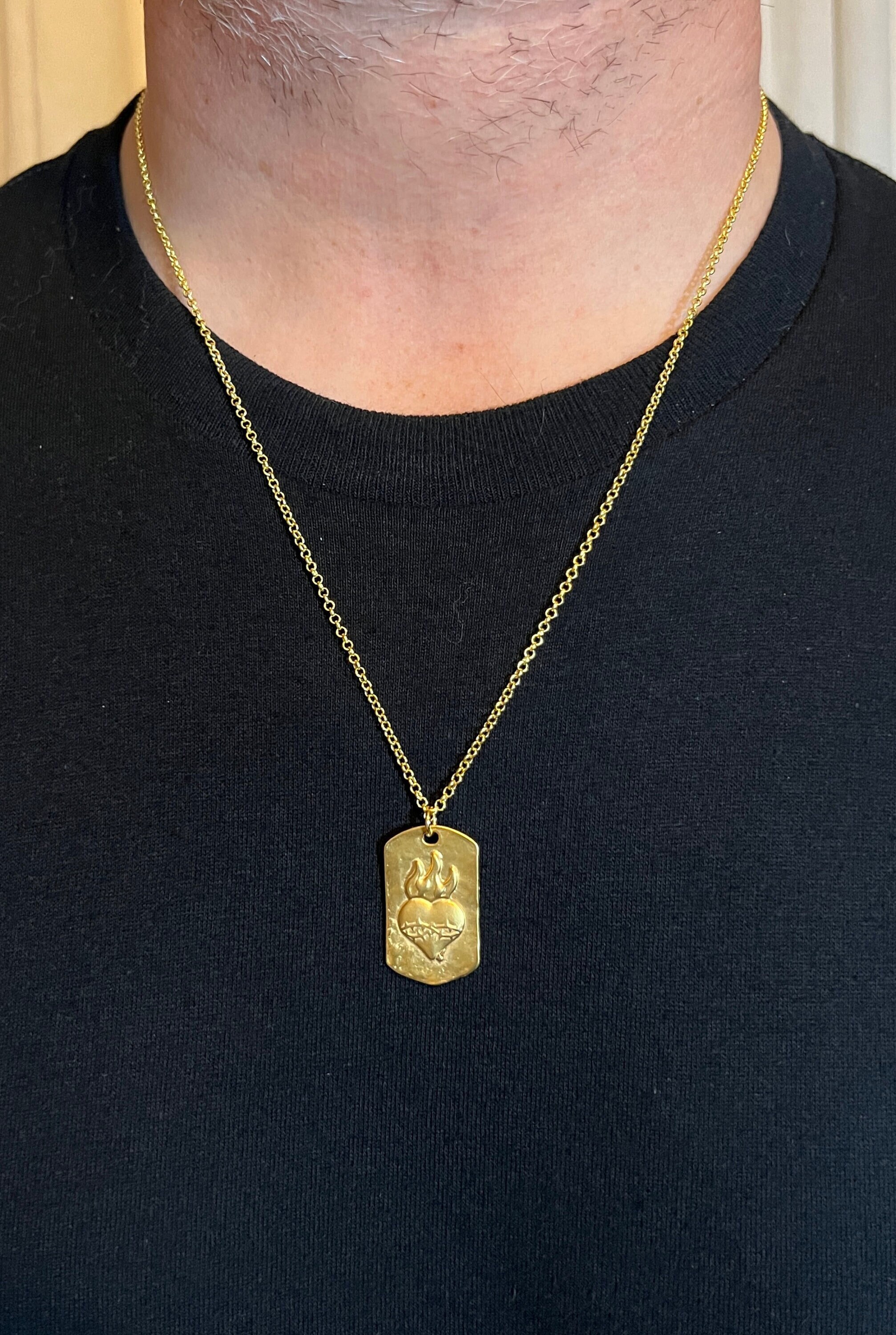 Mens Gold Flaming Heart Dog Tag Necklace Unisex Necklace Etsy