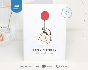 Digital Pug Birthday card to print, Instant download, Printable Happy Birthday card from Pug dog, Pug printable birthday card, Pug gifts