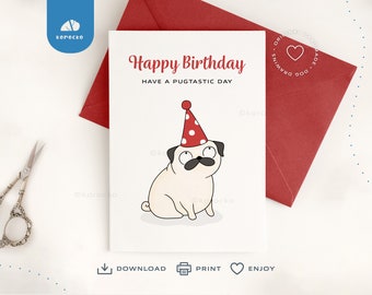 Pug birthday card digital download, Happy Birthday card from pug, Printable Pug card,  Greeting card for dog lovers, Pug Love Card, pug mom