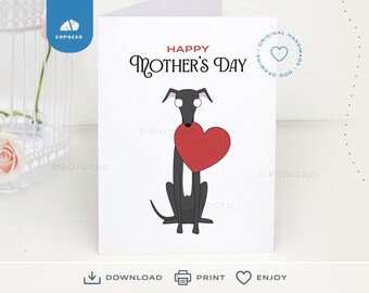 Carte de fête des mères lévrier imprimable Téléchargement instantané carte numérique à imprimer, carte de fête des mères heureuse de Whippet carte de fête des mères, maman chien