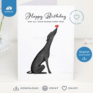 Téléchargement instantané de carte d'anniversaire de lévrier, carte d'anniversaire de whippet noir de chien, carte imprimable de joyeux anniversaire, amant de carte d'anniversaire de lévrier