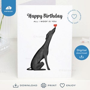 Biglietto di auguri di compleanno Greyhound stampabile DOWNLOAD IMMEDIATO, biglietto di auguri di compleanno Whippet nero dal cane, biglietto di auguri di buon compleanno, biglietto di auguri di compleanno per cane Greyhound