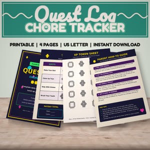 Gamer Chore Chart Printable | Quest Log Weekly Chore Tracker, Pixel Reward Chart for Kids PDF Download