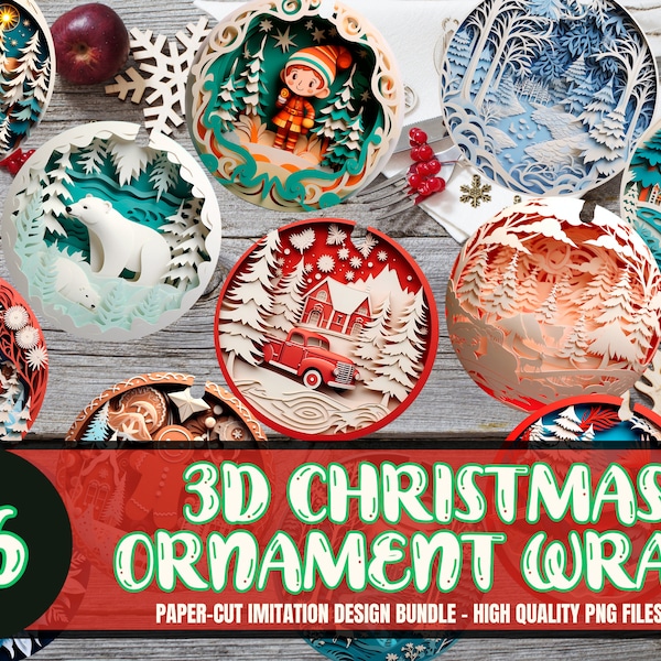 3D Christmas Ornament PNG Bundle Sublimation 3D Paper-Cut Imitation Ornament Wrap Sublimation  Christmas Round Ornament PNG Paper Cut Wrap