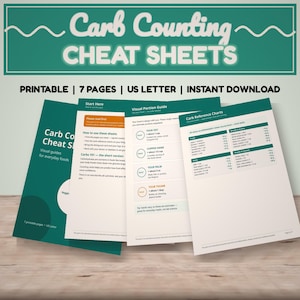 May include: A set of seven printable Carb Counting Cheat Sheets on US Letter paper. The documents feature a teal and white colour scheme with text including Carb Counting Cheat Sheets, Visual Portion Guide, and Carb Reference Charts.