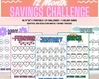 May include: A 12 Month Savings Challenge printable set featuring A6 4"x6" monthly trackers. The sheets include February hearts, January cocoa mugs, March pots of gold, April umbrellas, and May flowers, each with specific dollar amounts to track savings.