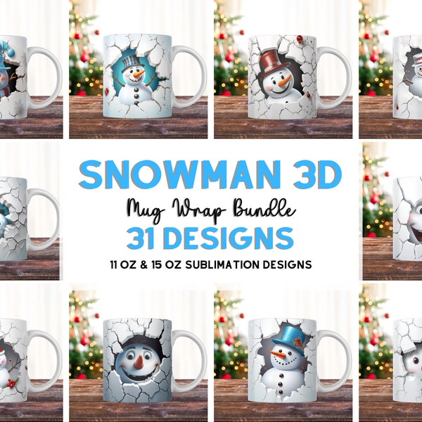 3D Snowman Mug | Instant Digital Download Png | Christmas Mug Wrap | 3D Crack Hole Mug | Mug Sublimation Png | Digital Download Mug Png